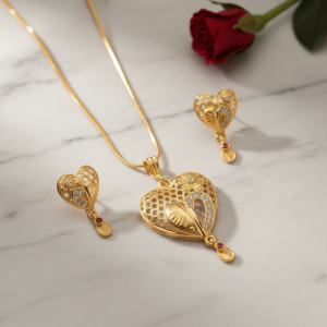 Heart Motif Gold Pendant and Earring Set Elegant Traditional Jewelry Set for Women