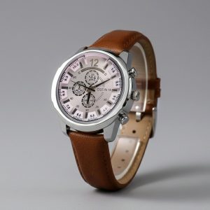 Men’s Analog Wrist Watch with Brown Strap and White Dial for Daily & Office Use