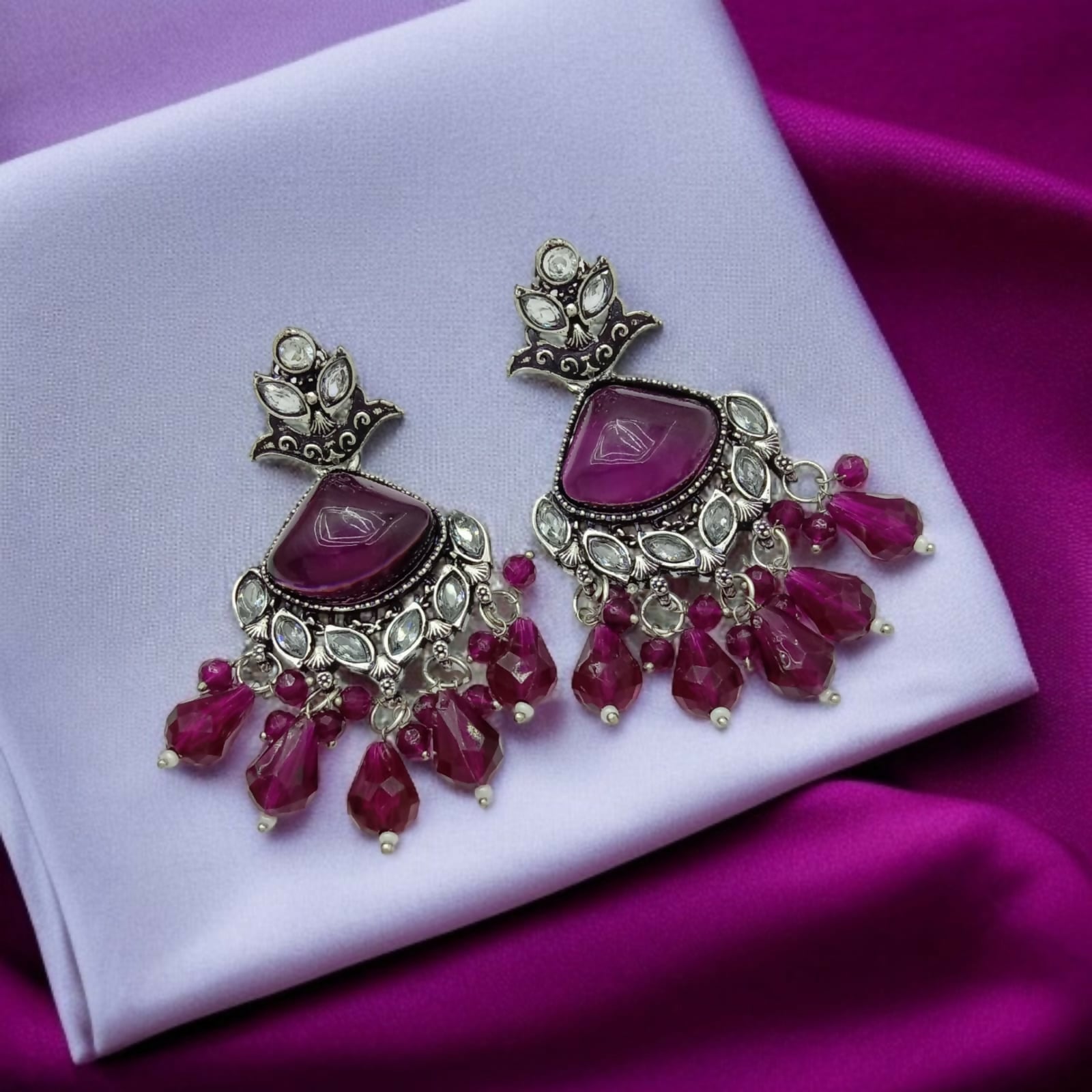 Dark Red Geometric Stone Earrings in German Silver with Crystal Accents