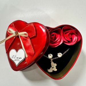 Heart Shape Gift Box with Artificial Roses & Butterfly Pendant Necklace for Gifting (DESIGN MAY VARY OF THE NECKLACE)