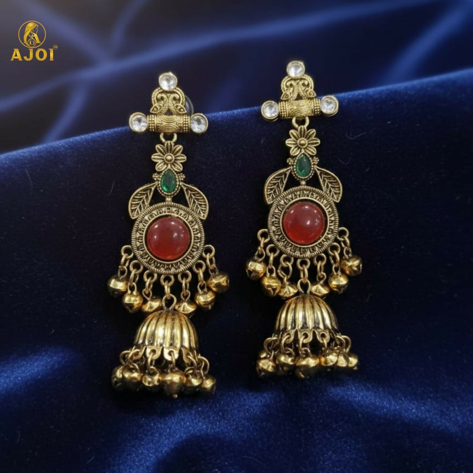 Cultural Heritage Long Jhumka Earrings with Red & Green Highlights