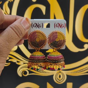 Traditional jhumka earrings adorned with multicoloured detailing