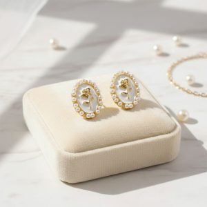Elegant Vintage Rose Oval Pearl Stud Earrings for Women | Gold Plated Classic Floral Design | Korean Style Jewelry