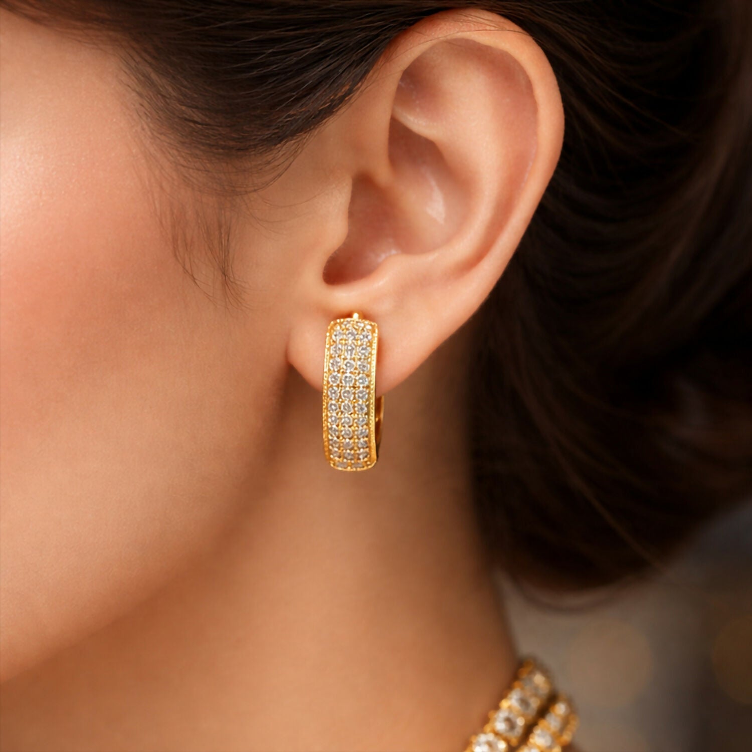 Crystal Studded Gold-Tone Hoop Earrings – Elegant Pave Design (1 Pair)