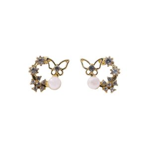 Butterfly Pearl Crystal Stud Earrings for Women And Girls