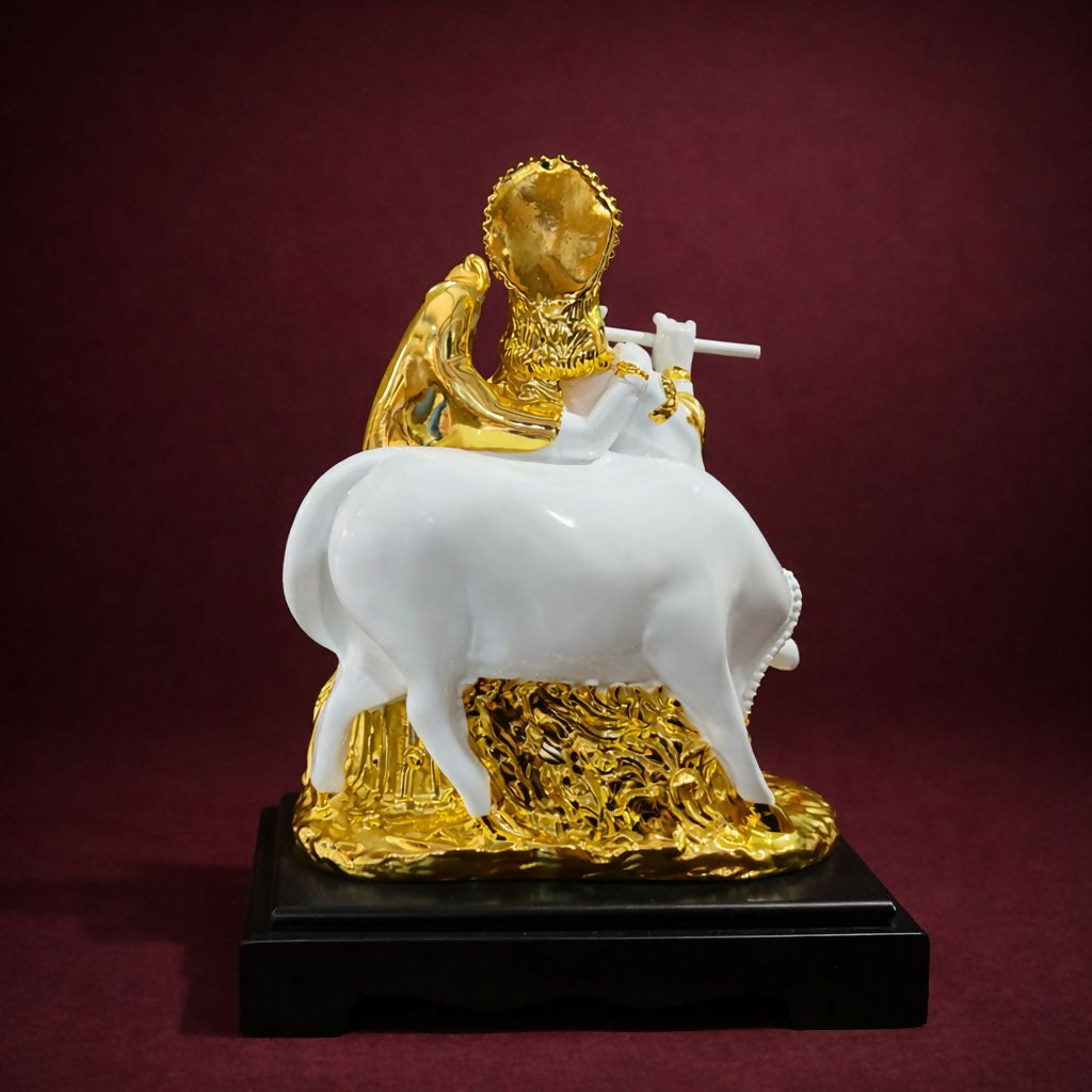 Radha Krishna with Cow Idol White and Golden Finish Statue for Home Temple Decor - Image 4