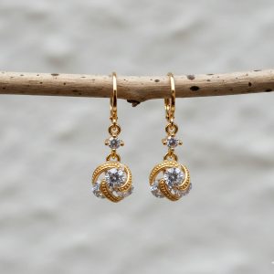 Gold Finish Twisted Stone Drop Hoop Earrings for Women and Girls