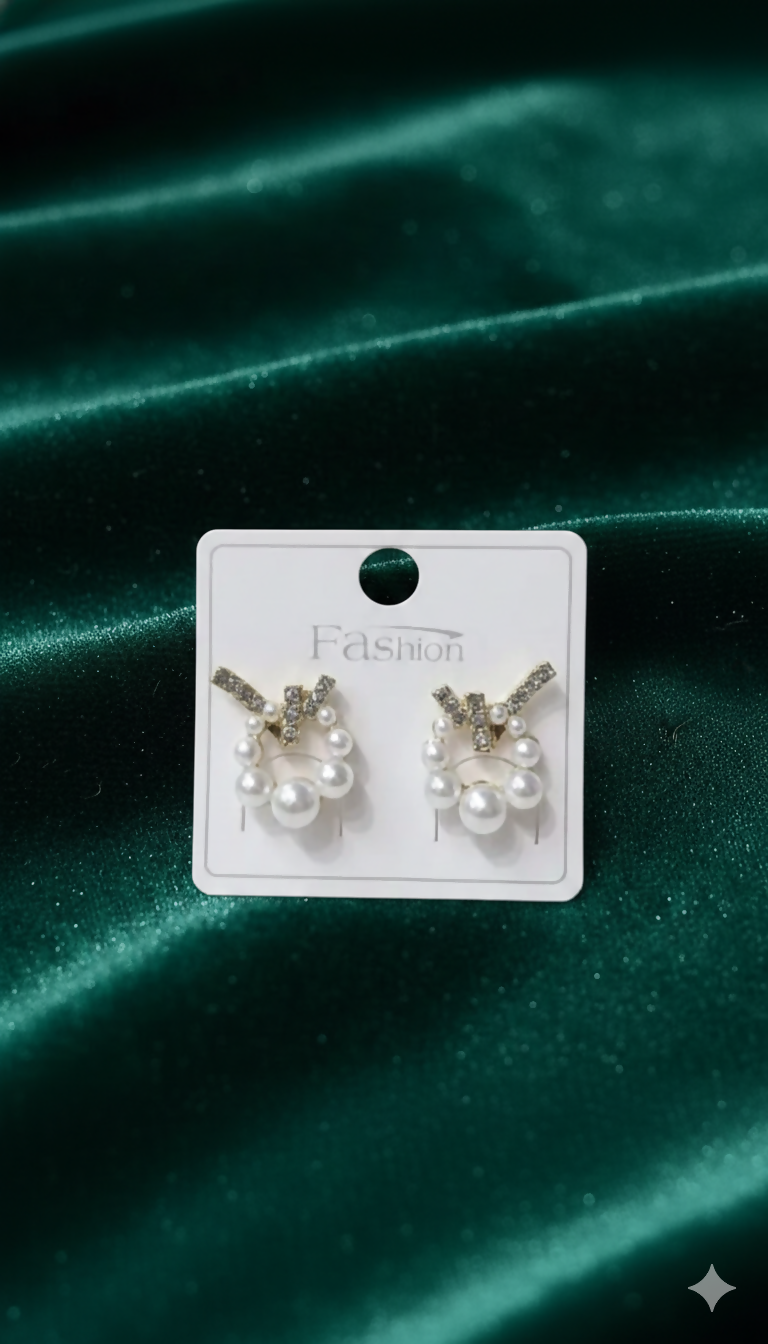 Korean Geometric Crystal Cross & Pearl Wreath Studs For Girls And Women - Image 6