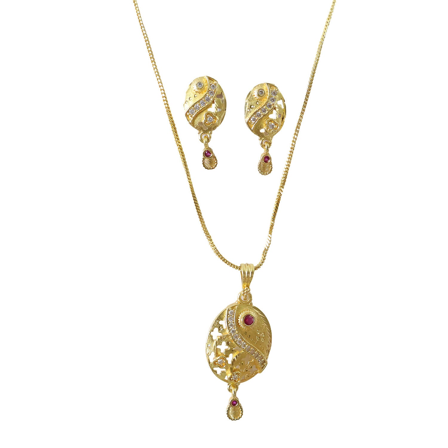 Oval Motif Gold Pendant and Earring Set Elegant Traditional Jewelry Set for Women - Image 5