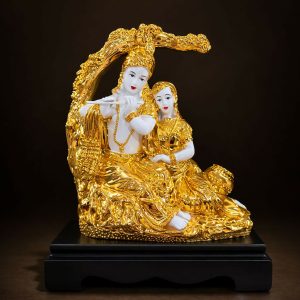 Radha Krishna Idol White and Golden Finish Statue for Home Temple Decor