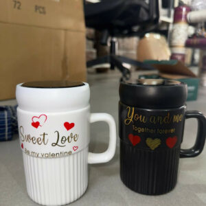 Premium Sweet Love Ceramic Mug with Lid & Spoon | Romantic Valentine Gift Cup for Couples | Leak-Resistant Lid, Large Capacity Coffee/Tea Mug | “Sweet Love” & “You & Me” Printed Heart Design | Microwave Safe | Ideal for Gifting