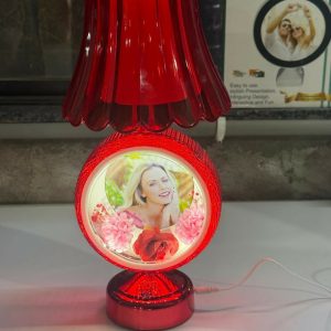 Red Round Photo Table Lamp with Shade for Bedroom, Side Table & Gift Decor