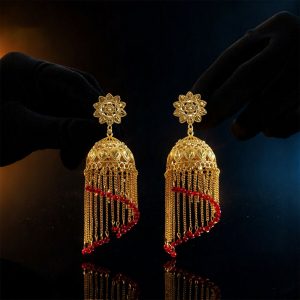 Traditional Gold Tone Double Jhumka Drop Earrings Floral Stud Ethnic Dangle Earrings for Women