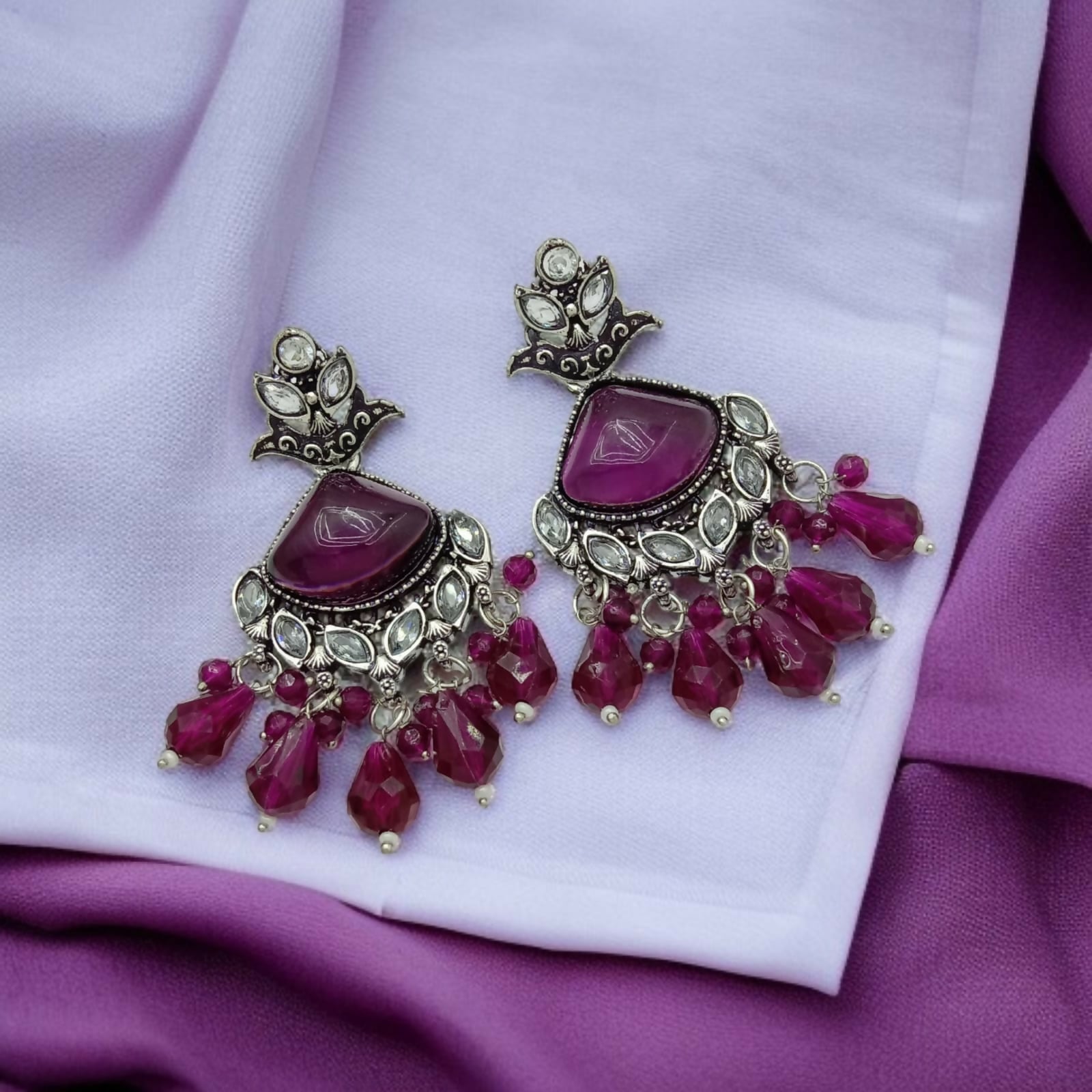 Dark Red Geometric Stone Earrings in German Silver with Crystal Accents