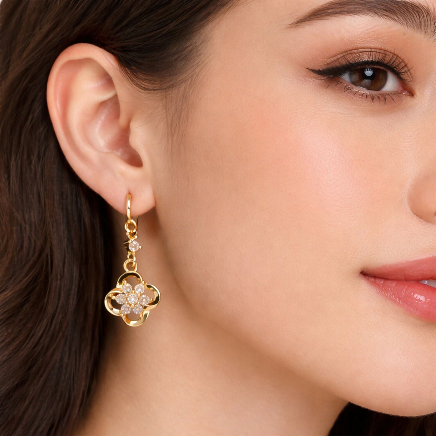 Gold-Tone Crystal Floral Drop Hoop Earrings for Women
