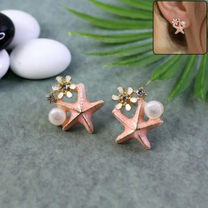 Elegant Pink Starfish Pearl Stud Earrings for Women For Girls