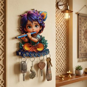 Krishna Design Wooden Key Stand for Wall with 6 Hooks