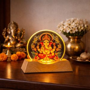 LED Lord Ganesha Acrylic Lamp with Wooden Base Spiritual Decor