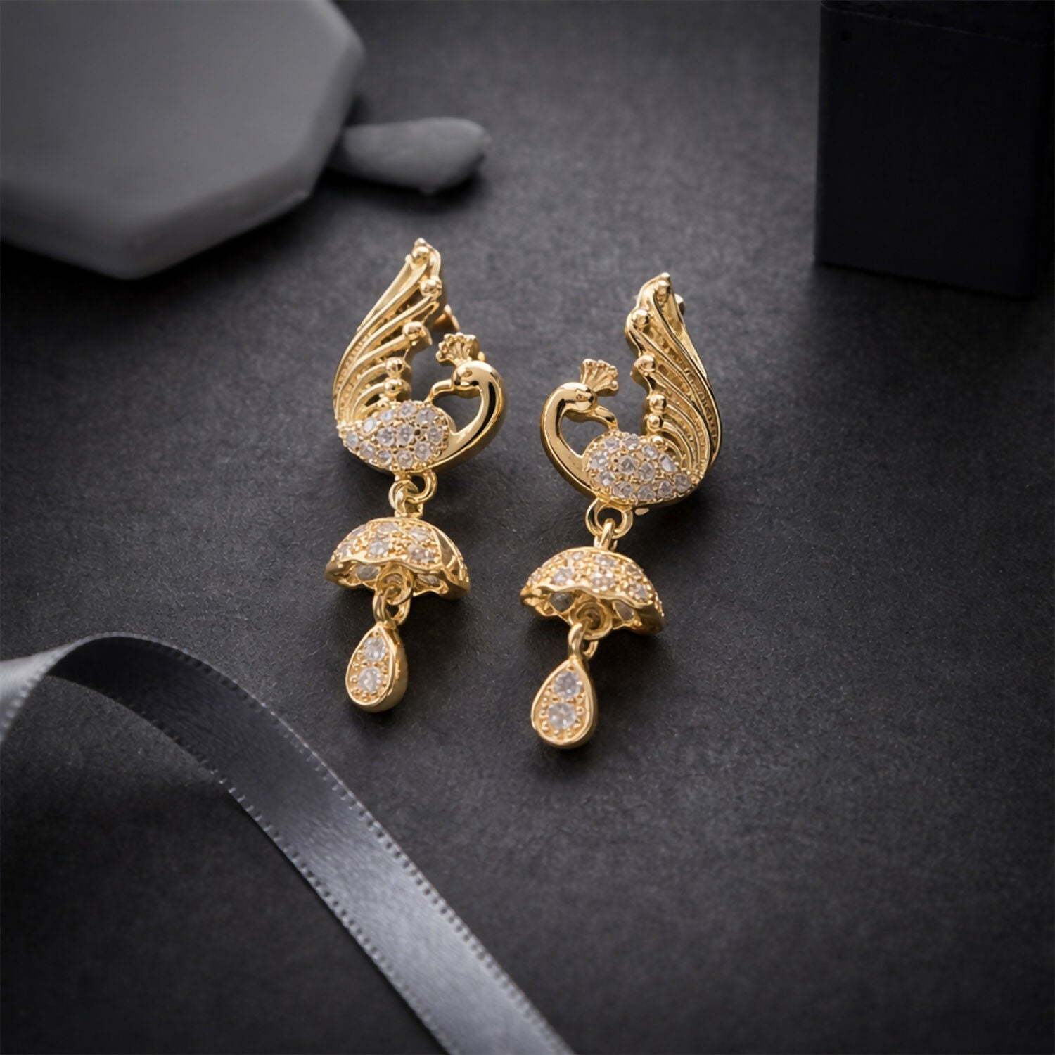 Gold-Tone Swan Design Crystal Studded Drop Earrings for Women - Image 4