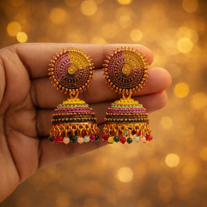 Traditional jhumka earrings adorned with multicoloured detailing