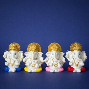 Lord Ganesha Idol Set of 4 | White & Gold Ganpati Murti for Home Temple