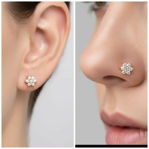 Gold Plated Crystal Flower Labret Flat Back AD Stud Earring Pack of 1 PCS