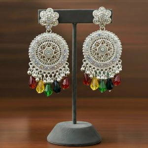 Silver-Tone Oxidized Bohemian Mandala Drop Earrings with Multi-Color Crystal Beads