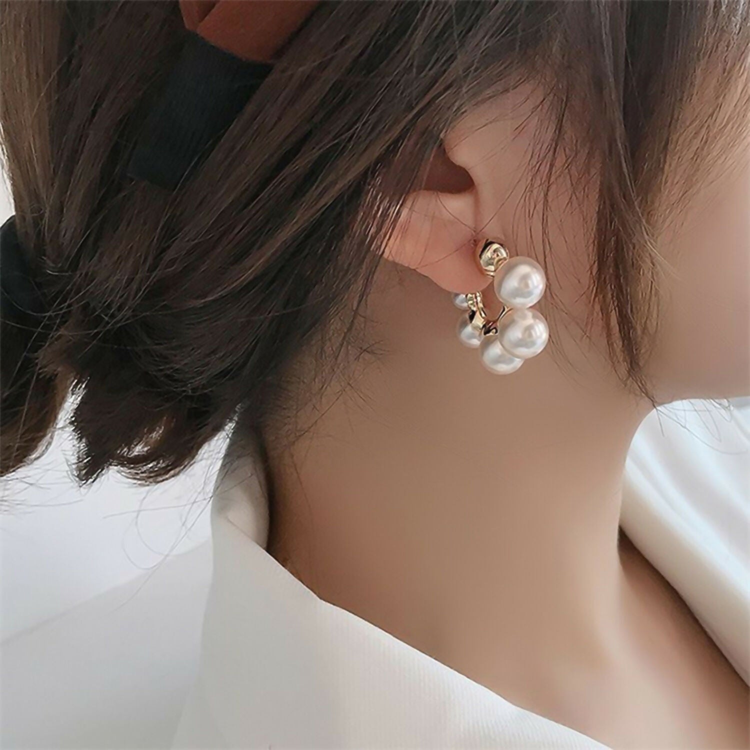 Elegant Pearl Cluster Hoop Earrings for Women – Korean Style Gold Plated Fashion Jewellery - Image 4