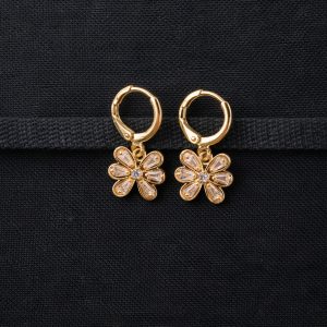 Gold-Tone Floral Crystal Drop Hoop Earrings for Women