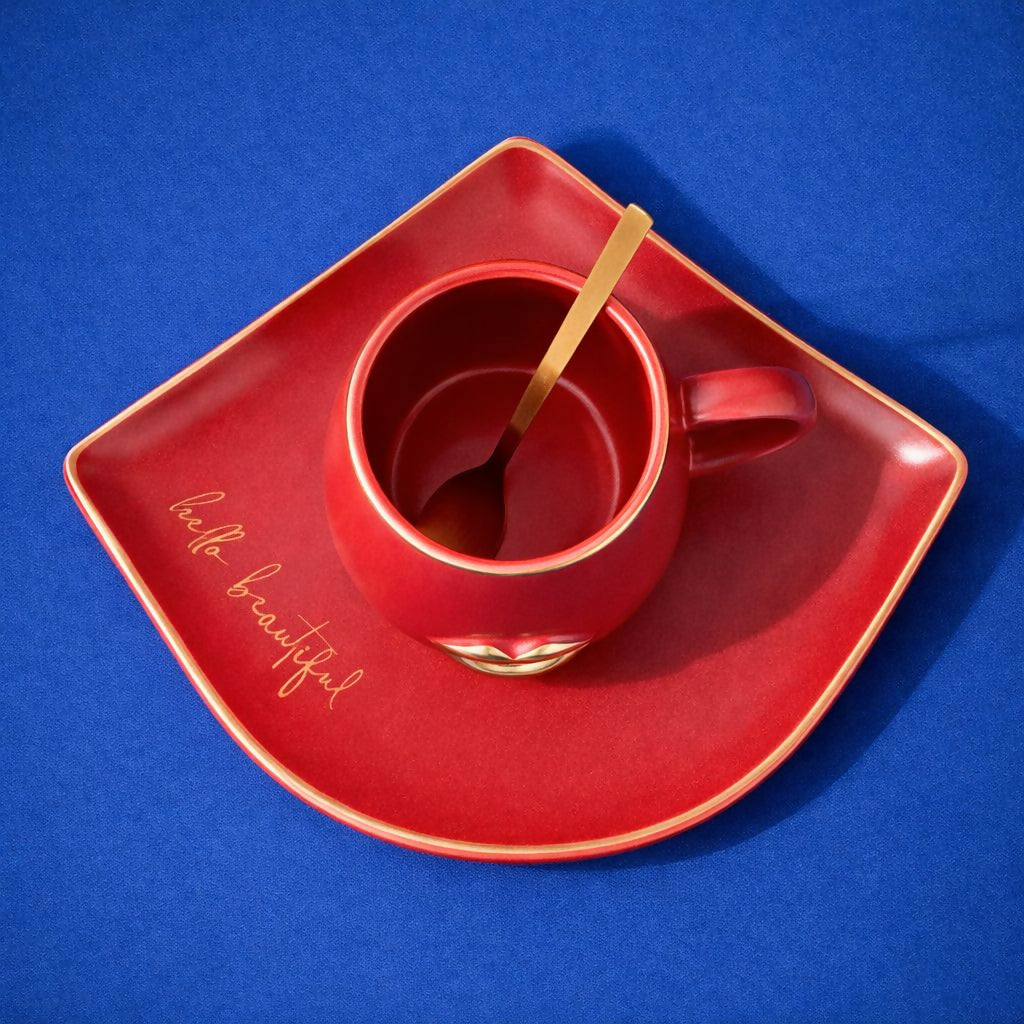 Red Ceramic Coffee Mug with Tray & Spoon Lip Design Cup Set - Image 3