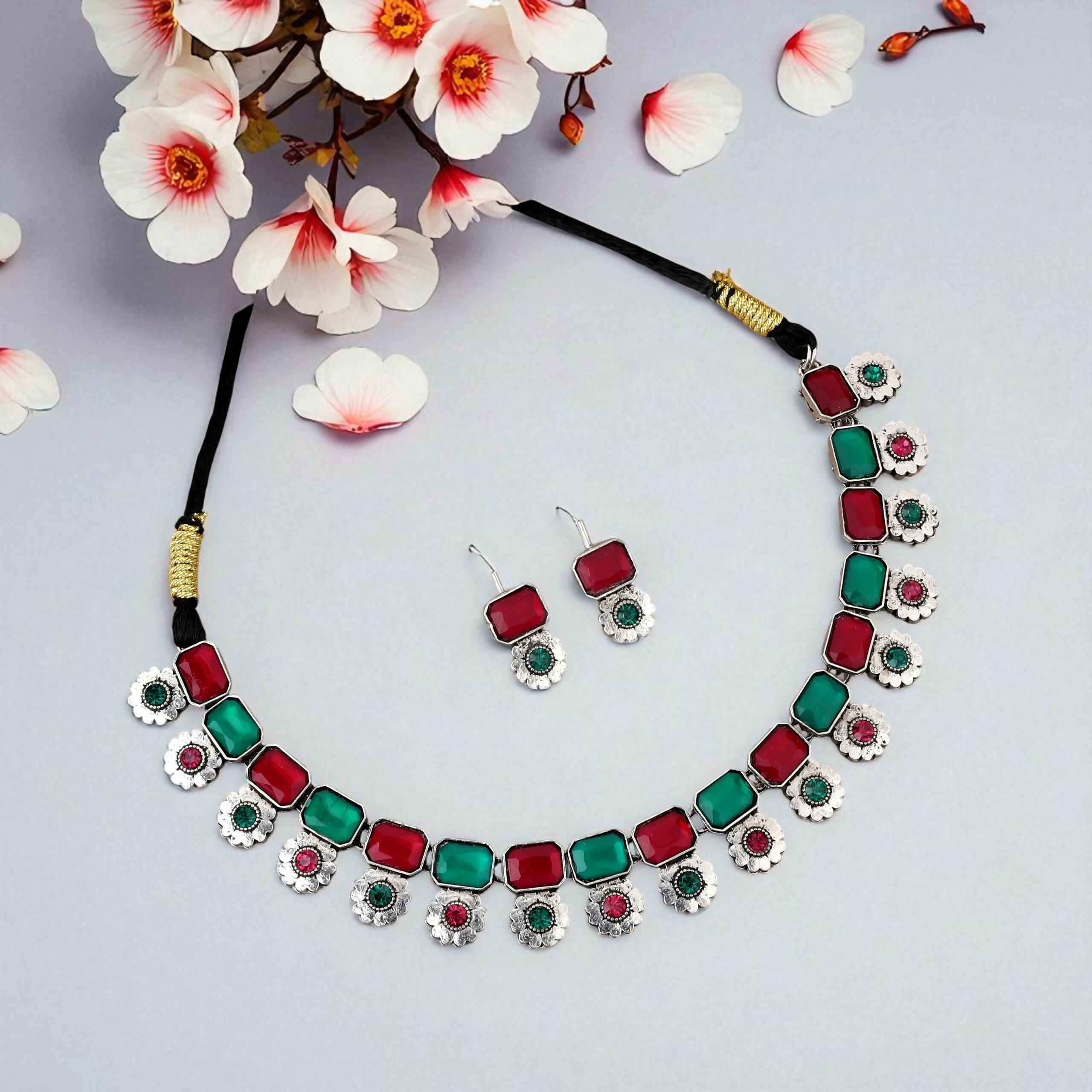 Dual-Tone Oxidized Choker Set with Pink and Green Stones