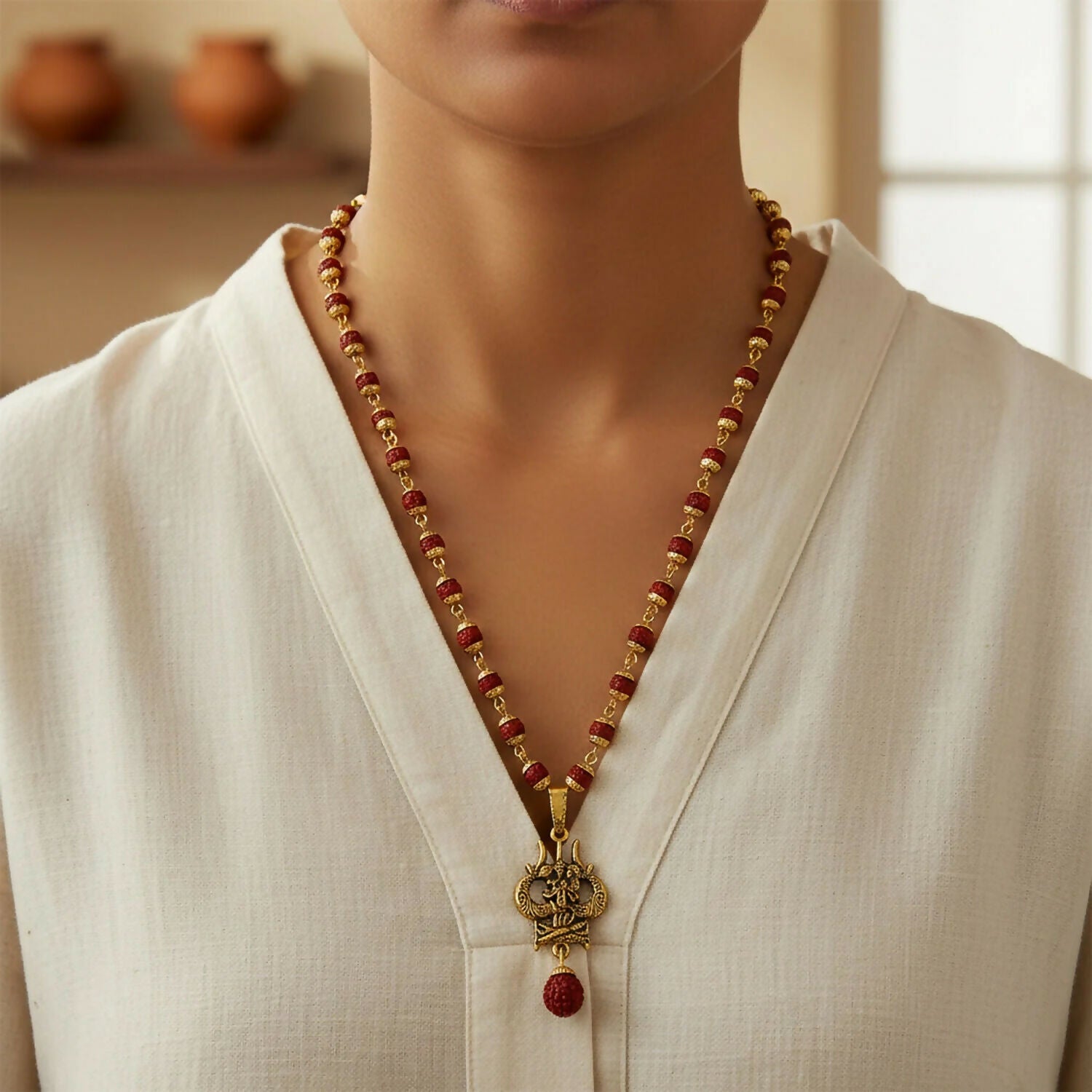 Hanuman Trishul Pendant With Rudraksha Mala & Bracelet Combo - Image 3