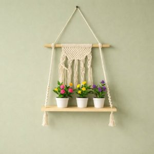 Macrame Hanging Wooden Shelf Wall Decor Display Rack with Rope