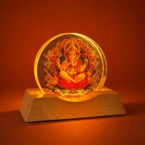 LED Lord Ganesha Acrylic Lamp with Wooden Base Spiritual Decor
