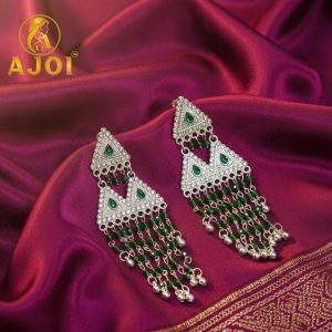 Emerald Royale Silver-Tone Triangle Statement Earrings with Layered Bead Tassels