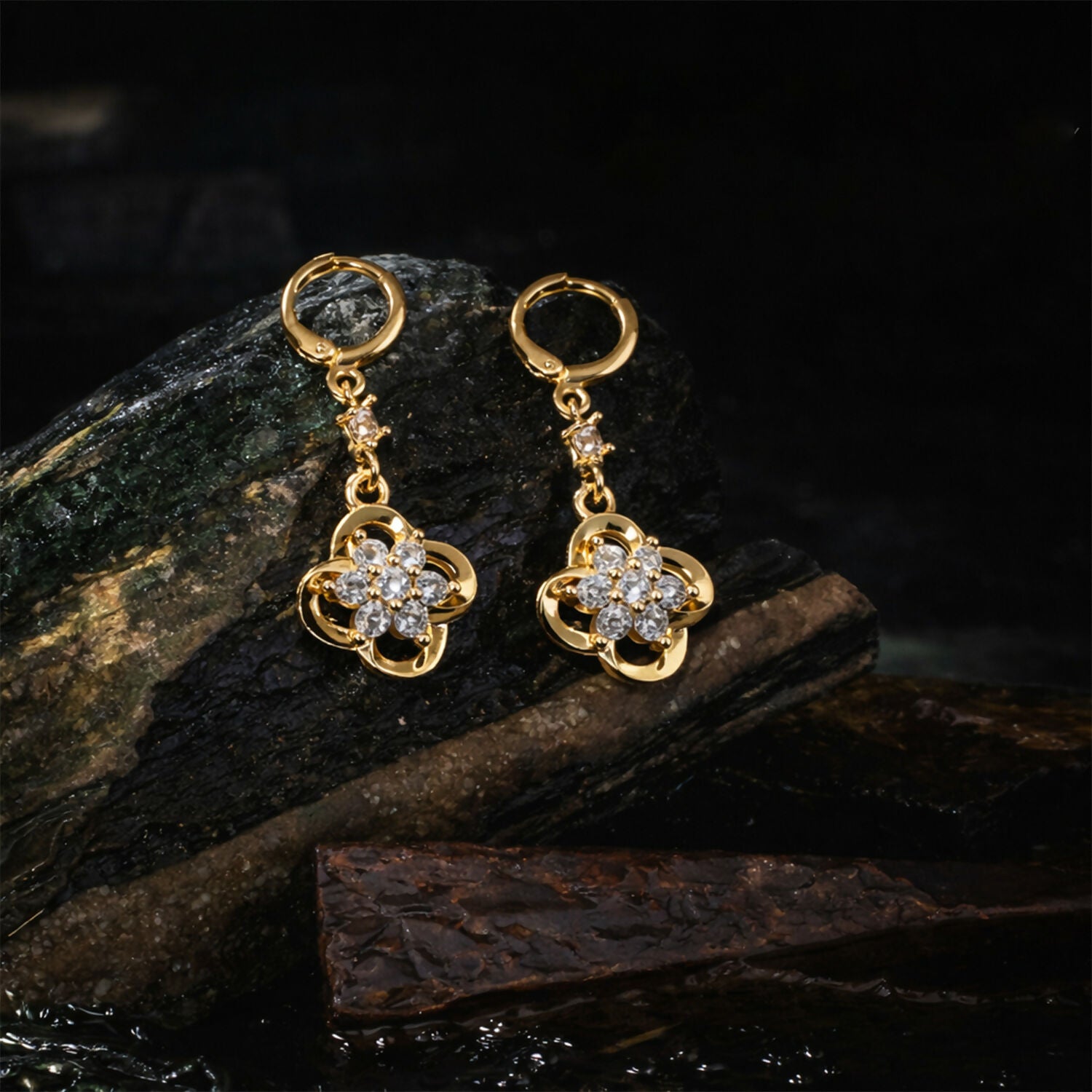 Gold-Tone Crystal Floral Drop Hoop Earrings for Women - Image 3