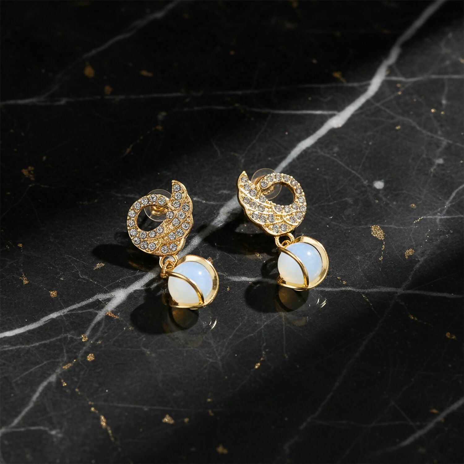 Designer Crystal Encrusted Swan Earrings – Graceful Pearly Drop Statement Jewelry