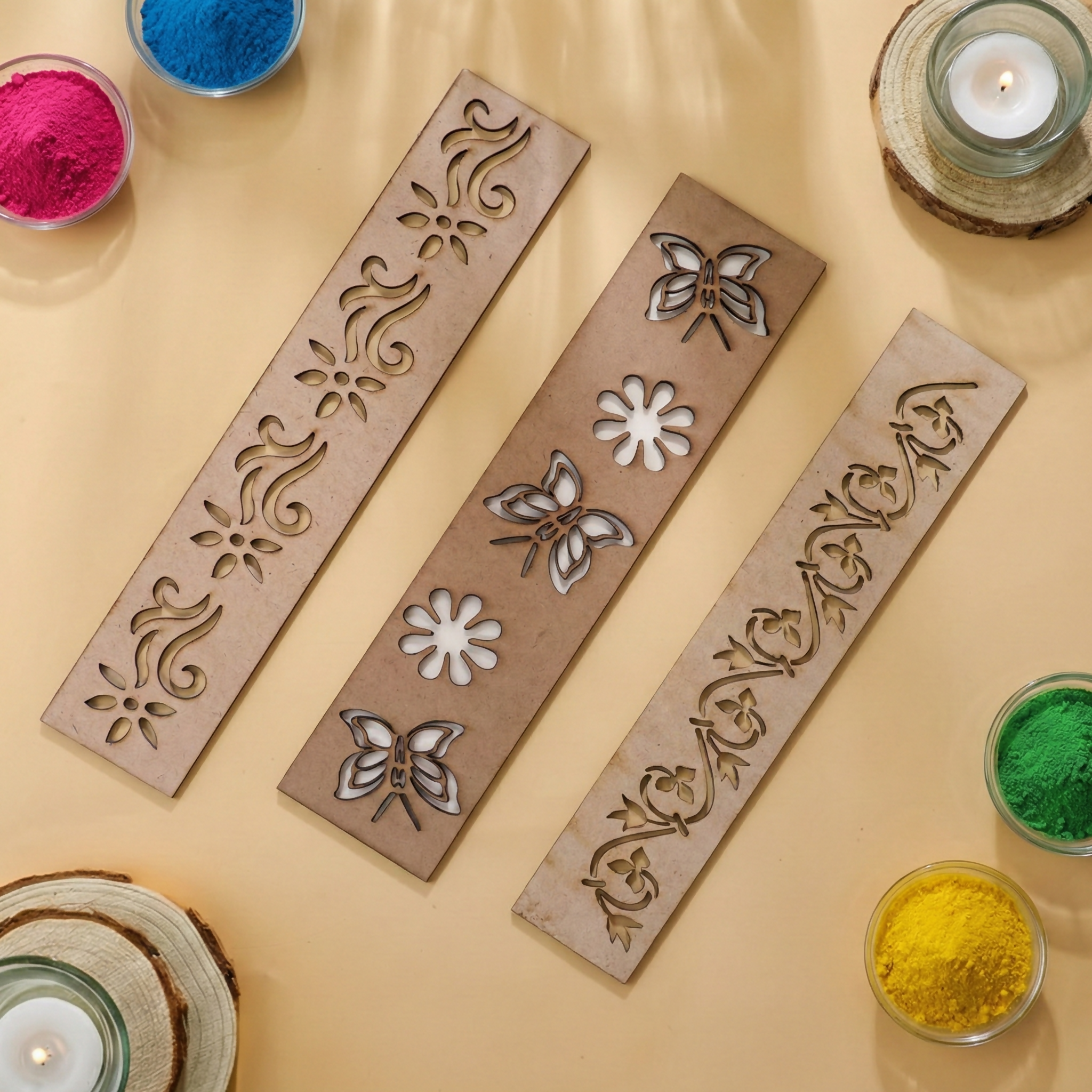 Wooden Rangoli Border Stencils - Set of 3 Reusable Umbra Patti