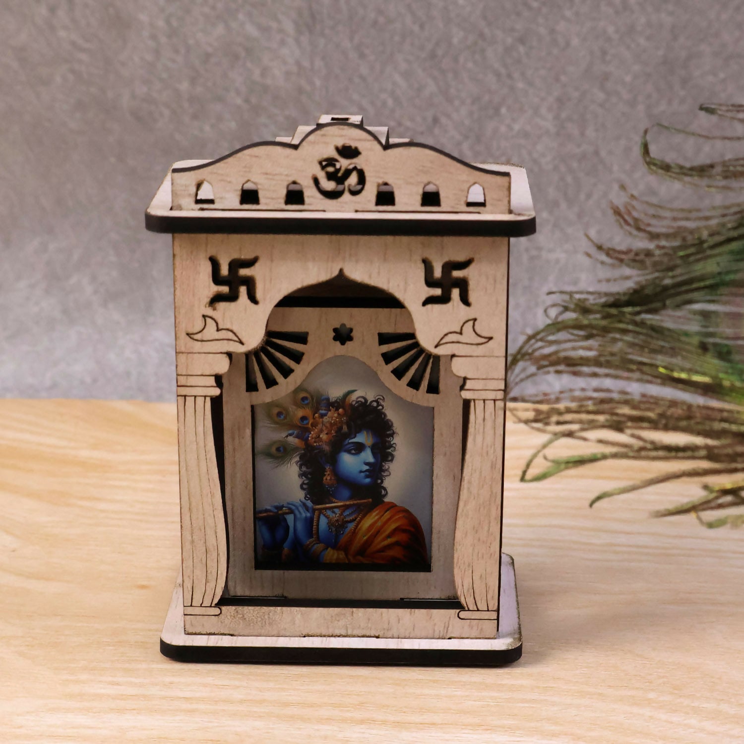 Wooden Krishna Mini Temple with Printed Image & Adhesive Base – Tabletop Mandir - Image 5