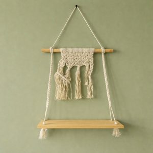 Macrame Hanging Wooden Shelf Wall Decor Display Rack with Rope