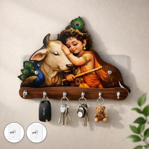 Baby Krishna with Cow Wooden Wall Key Holder – 5 Hooks Organizer