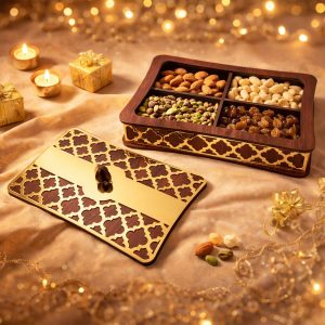 Dry Fruit Storage Box with 4 Compartments and Decorative Golden Lid