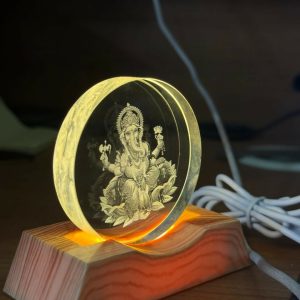 Ganesh Engraved Acrylic LED Night Lamp with Wooden Base for Home Decor