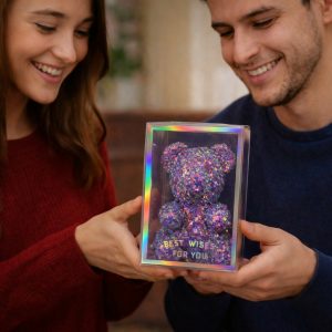 Purple Glitter Teddy Bear Showpiece with Display Box Decorative Gift