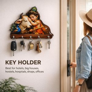 Baby Krishna with Cow Wooden Wall Key Holder – 5 Hooks Organizer