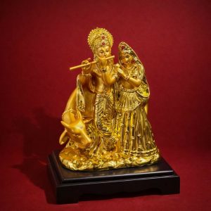 Radha Krishna with Cow Golden Finish Idol Statue for Home Temple Decor