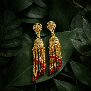Traditional Gold Tone Chain Tassel Jhumka Earrings with Red Beads Long Ethnic Dangle Earrings for Women