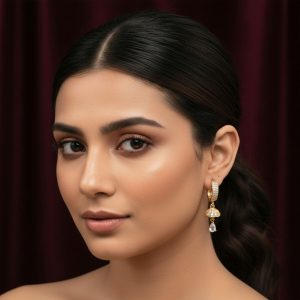 Gold Finish Hoop Earrings with Stone Studded Drop Design for Women & Girls