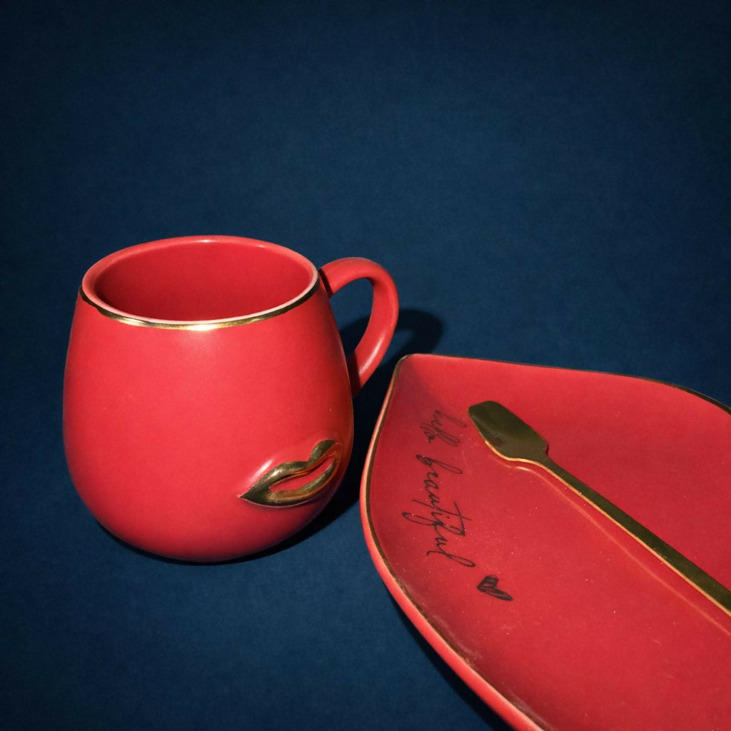 Red Ceramic Coffee Mug with Tray & Spoon Lip Design Cup Set - Image 5