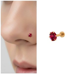Gold plated Ruby AD Nosepin Stud Flat Back Labret for women and girls